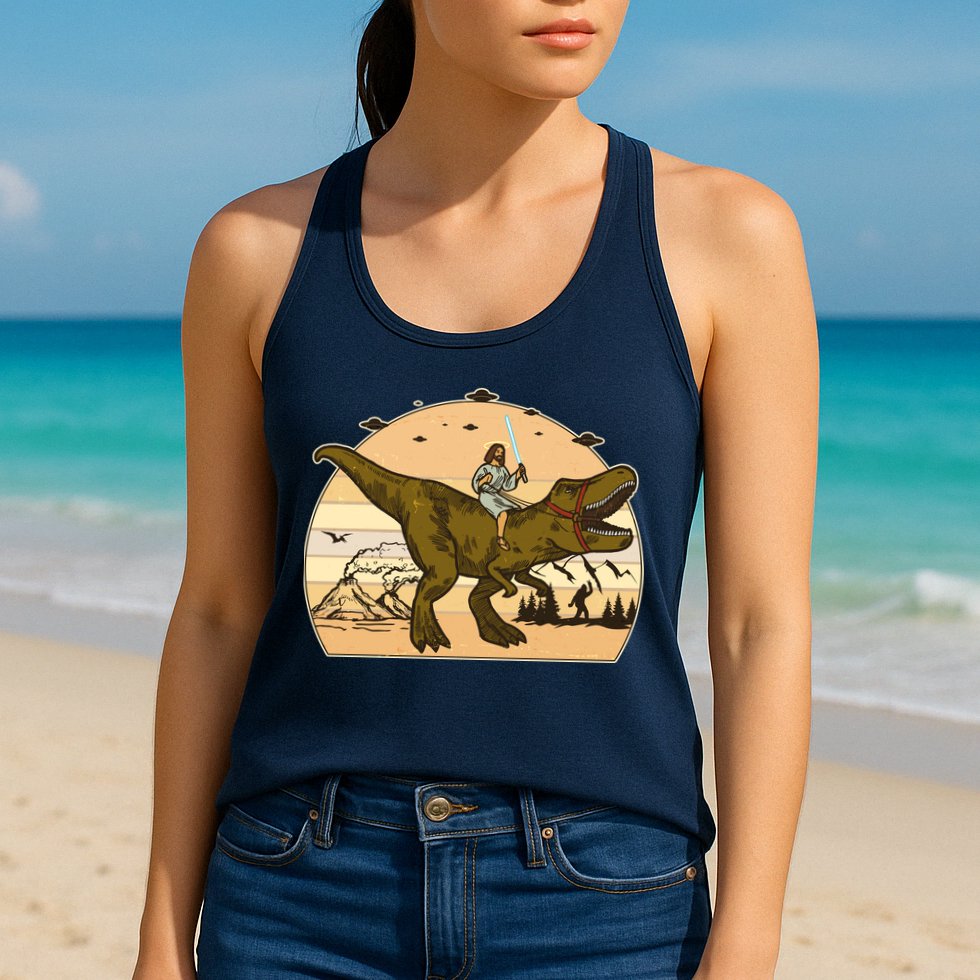 Jesus Riding T-Rex Dinosaur Funny Vintage Womens Tank Top