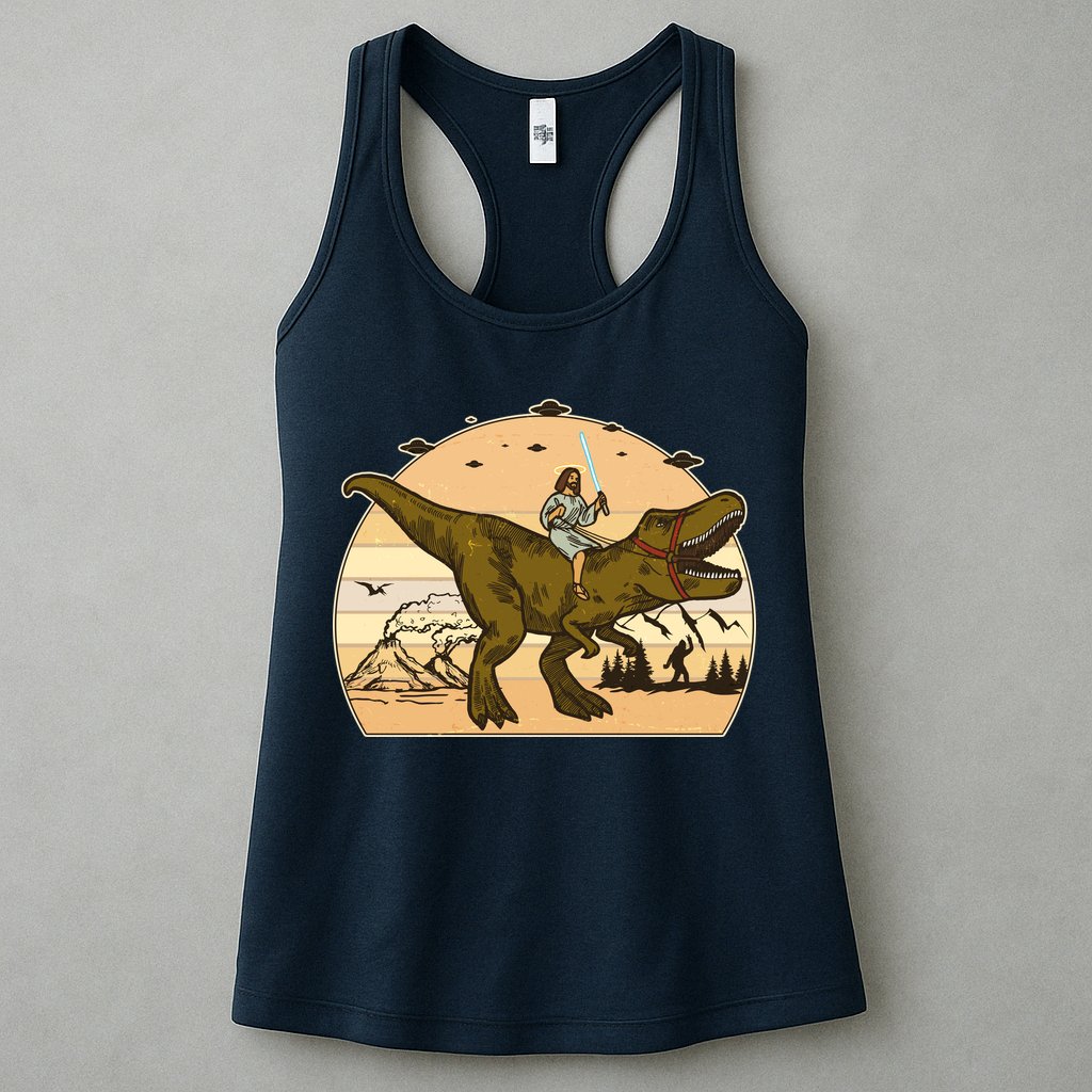 Jesus Riding T-Rex Dinosaur Funny Vintage Womens Tank Top