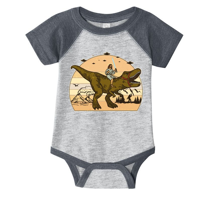 Jesus Riding T-Rex Dinosaur Funny Vintage Infant Baby Jersey Bodysuit