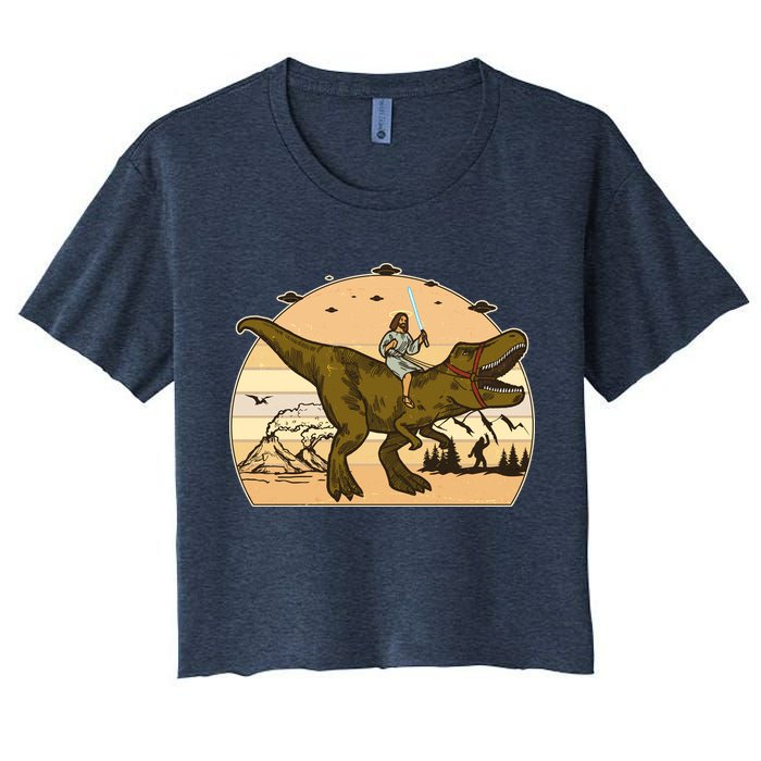 Jesus Riding T-Rex Dinosaur Funny Vintage Crop Top