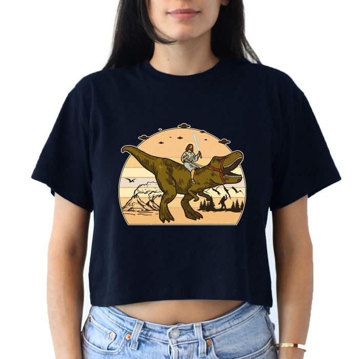 Jesus Riding T-Rex Dinosaur Funny Vintage Crop Top
