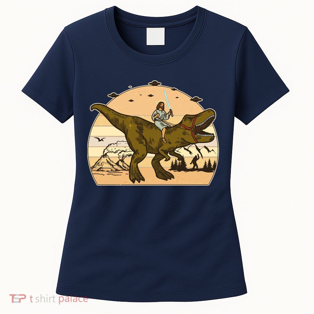 Jesus Riding T-Rex Dinosaur Funny Vintage Womens T-Shirt