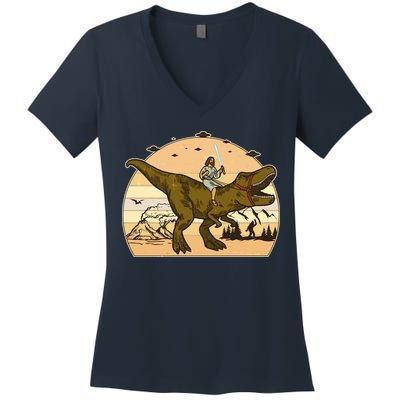 Jesus Riding T-Rex Dinosaur Funny Vintage Women's V-Neck T-Shirt