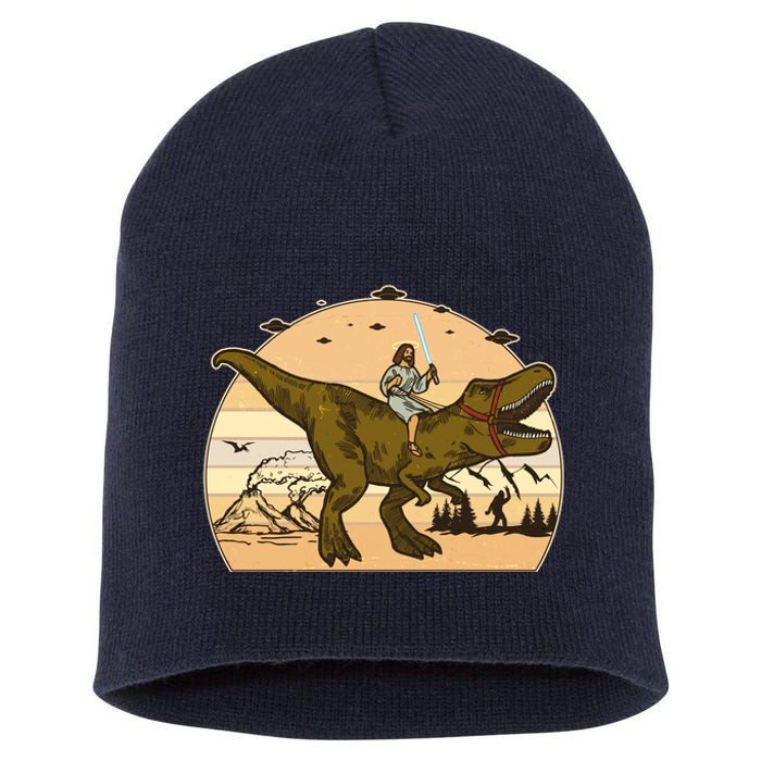 Jesus Riding T-Rex Dinosaur Funny Vintage Short Acrylic Beanie