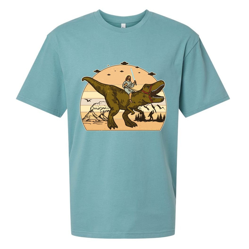 Jesus Riding T-Rex Dinosaur Funny Vintage Sueded Cloud Jersey T-Shirt