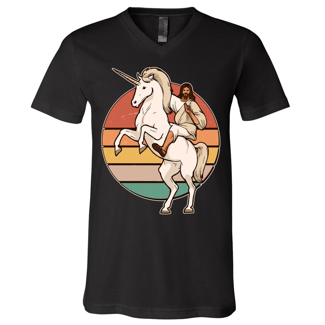 Jesus Riding Unicorn Funny Vintage V-Neck T-Shirt