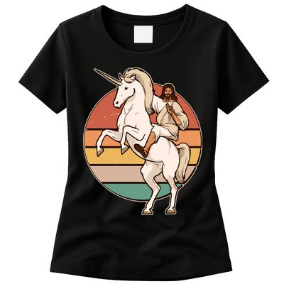 Jesus Riding Unicorn Funny Vintage Womens T-Shirt