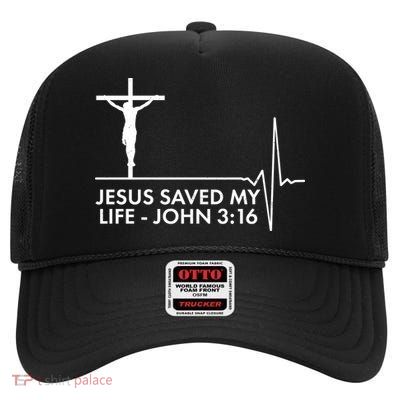 Jesus Saved My Life John 3:16 Heartbeat High Crown Mesh Back Trucker Hat