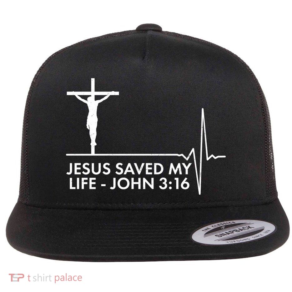 Jesus Saved My Life John 3:16 Heartbeat Flat Bill Trucker Hat