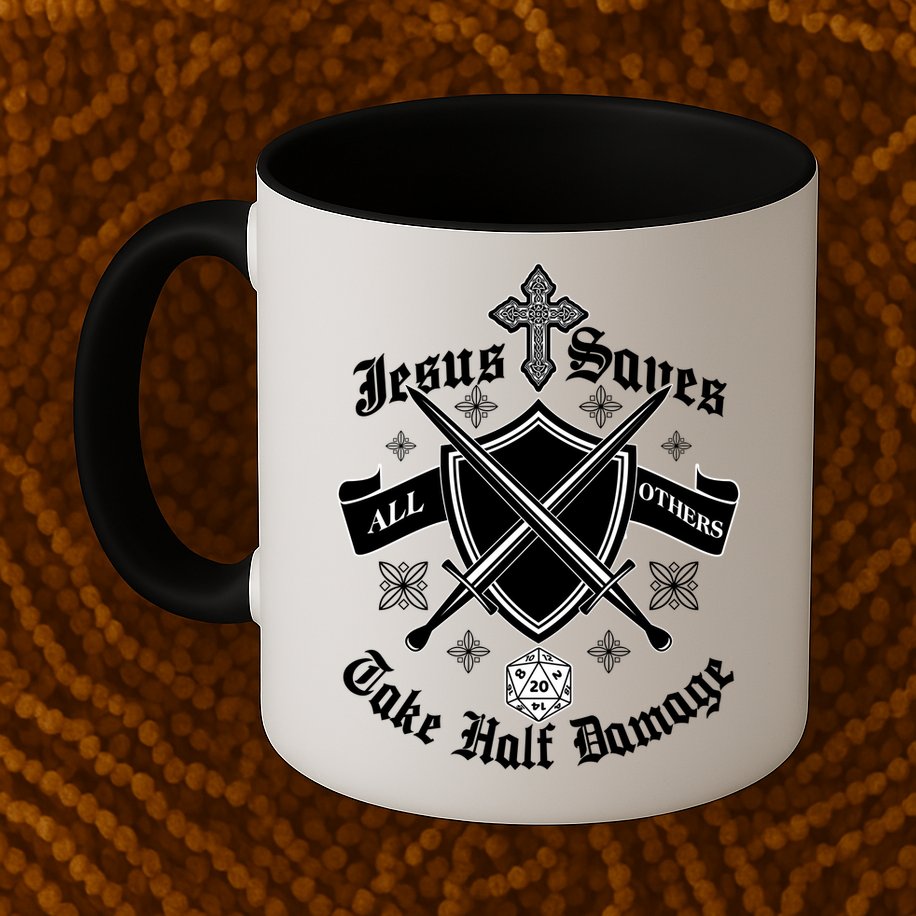 Jesus Saves All Others Take Half Damage DnD Game Mug