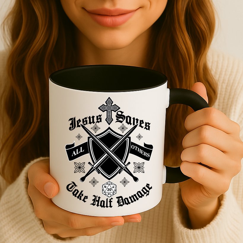 Jesus Saves All Others Take Half Damage DnD Game Mug