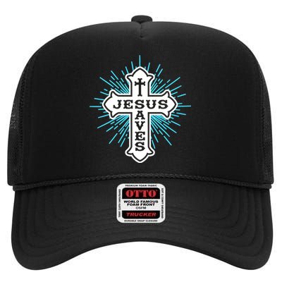 Jesus Saves Cross High Crown Mesh Back Trucker Hat