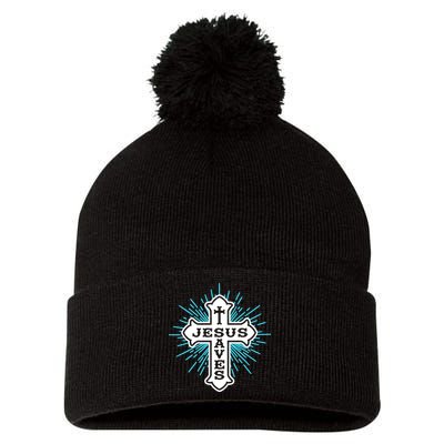 Jesus Saves Cross Pom Pom 12in Knit Beanie