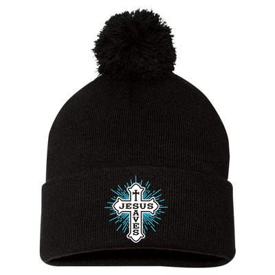 Jesus Saves Cross Pom Pom 12in Knit Beanie