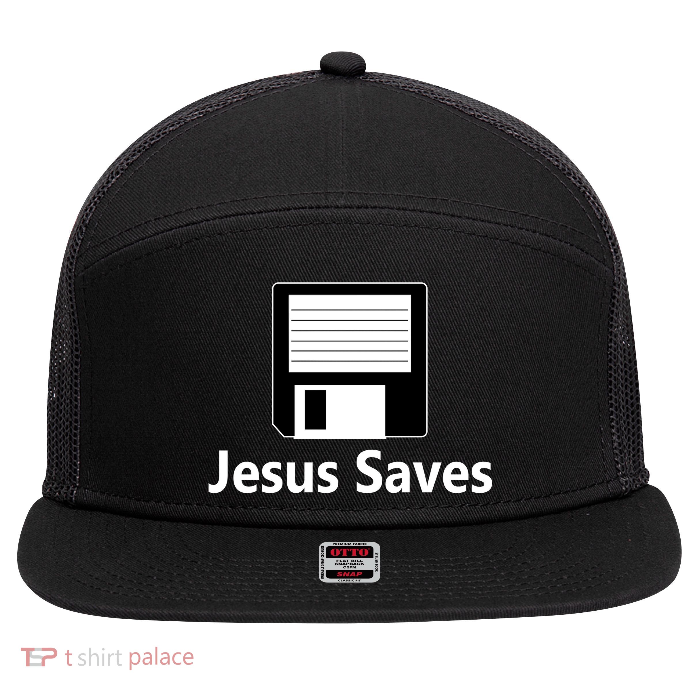 Jesus Saves Floppy Disk 7 Panel Mesh Trucker Snapback Hat