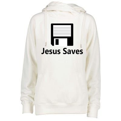 Jesus Saves Floppy Disk Womens Funnel Neck Pullover Hood