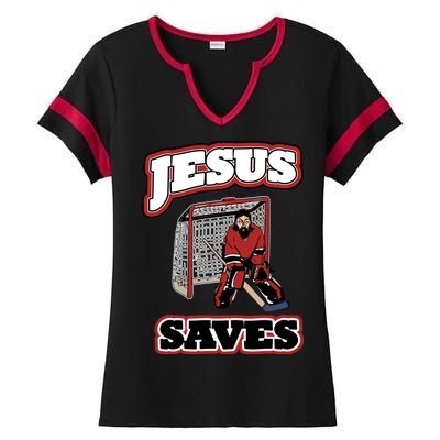 Jesus Saves Hockey Goalie Ladies Halftime Notch Neck Tee