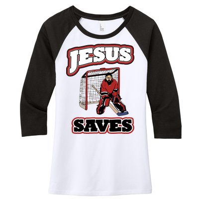 Jesus Saves Hockey Goalie Women's Tri-Blend 3/4-Sleeve Raglan Shirt