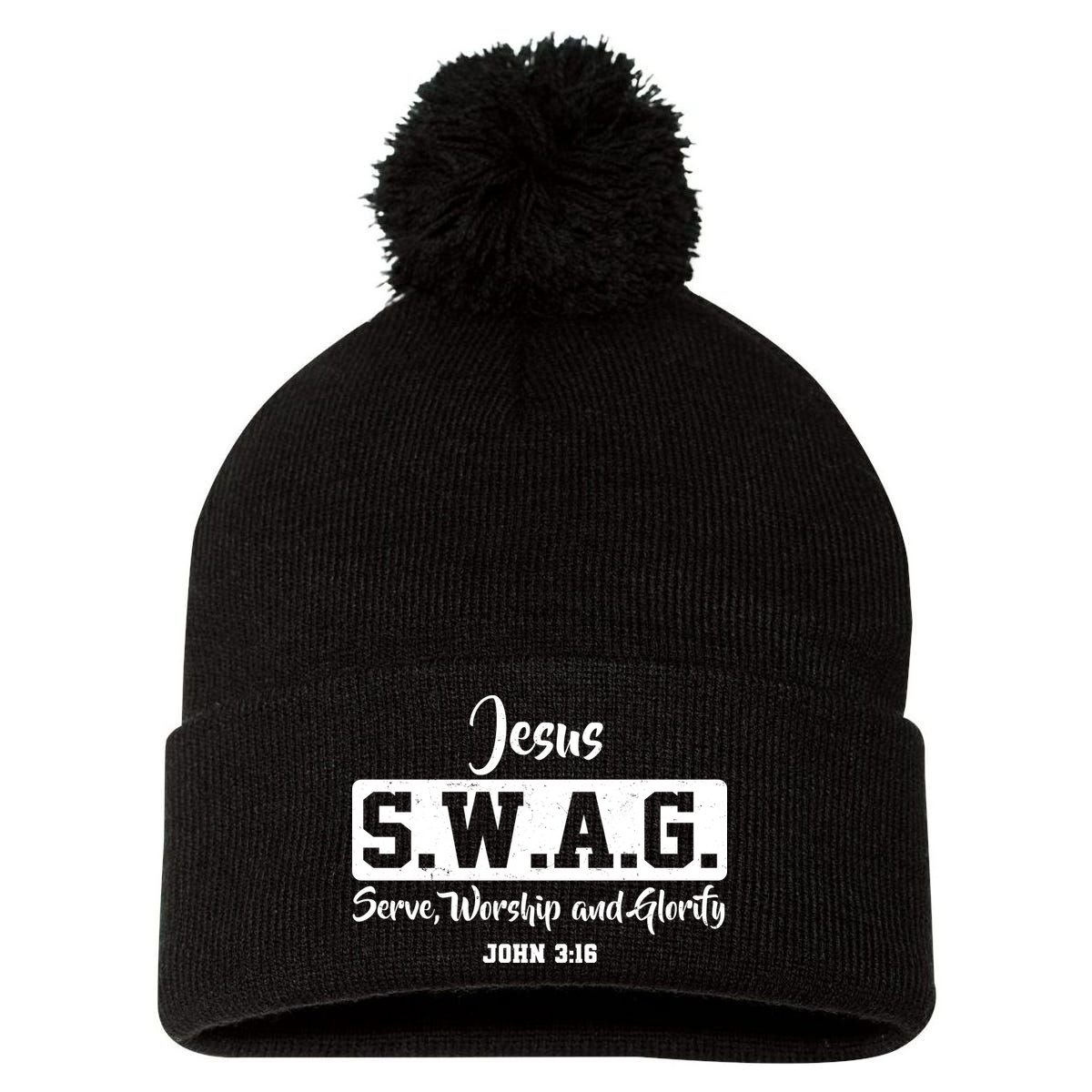 Jesus SWAG Serve Worship And Glorify John 3:16 Pom Pom 12in Knit Beanie