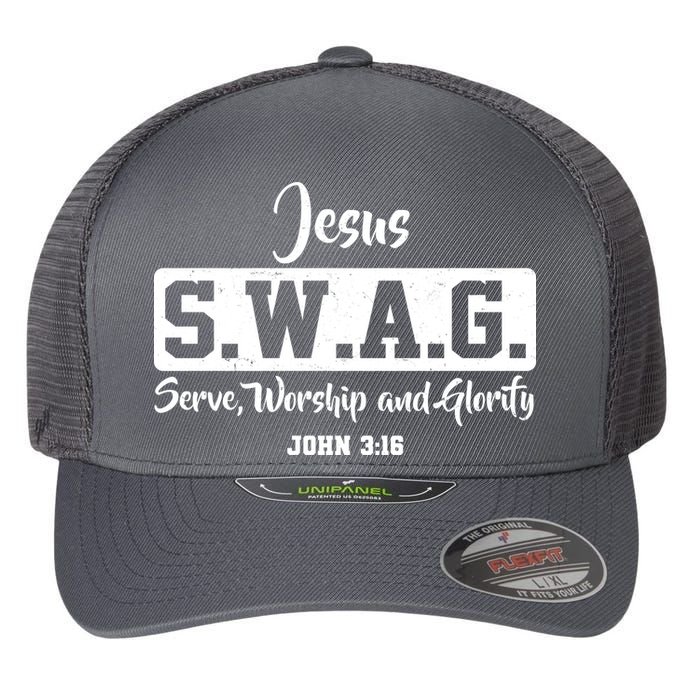 Jesus SWAG Serve Worship And Glorify John 3:16 Flexfit Unipanel Trucker Cap