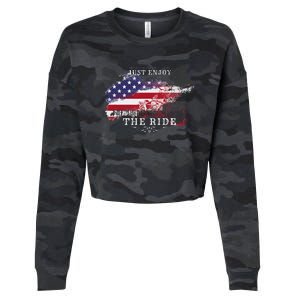 Just Enjoy The Ride Motorcycle Usa Flag Distressed Cropped Pullover Crew