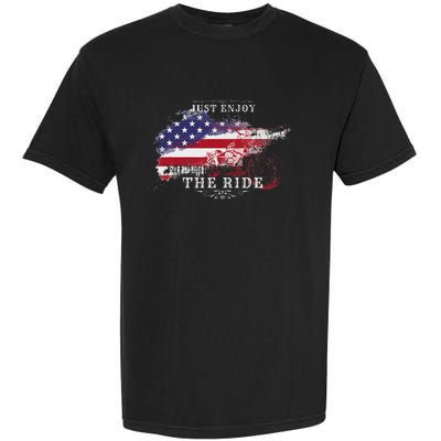 Just Enjoy The Ride Motorcycle Usa Flag Distressed Garment-Dyed Heavyweight T-Shirt