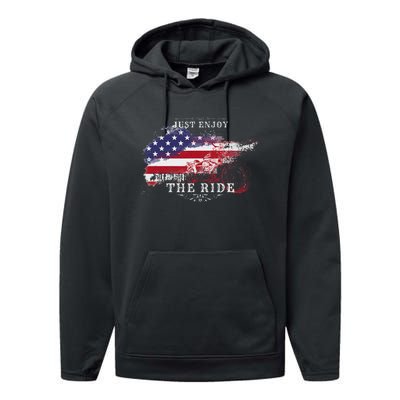 Just Enjoy The Ride Motorcycle Usa Flag Distressed Performance Fleece Hoodie