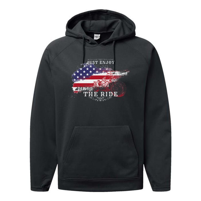 Just Enjoy The Ride Motorcycle Usa Flag Distressed Performance Fleece Hoodie