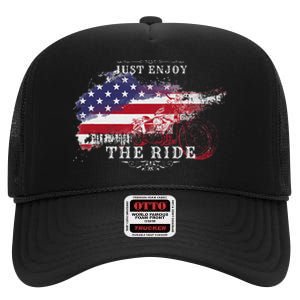 Just Enjoy The Ride Motorcycle Usa Flag Distressed High Crown Mesh Back Trucker Hat