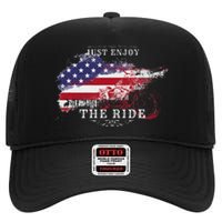 Just Enjoy The Ride Motorcycle Usa Flag Distressed High Crown Mesh Back Trucker Hat