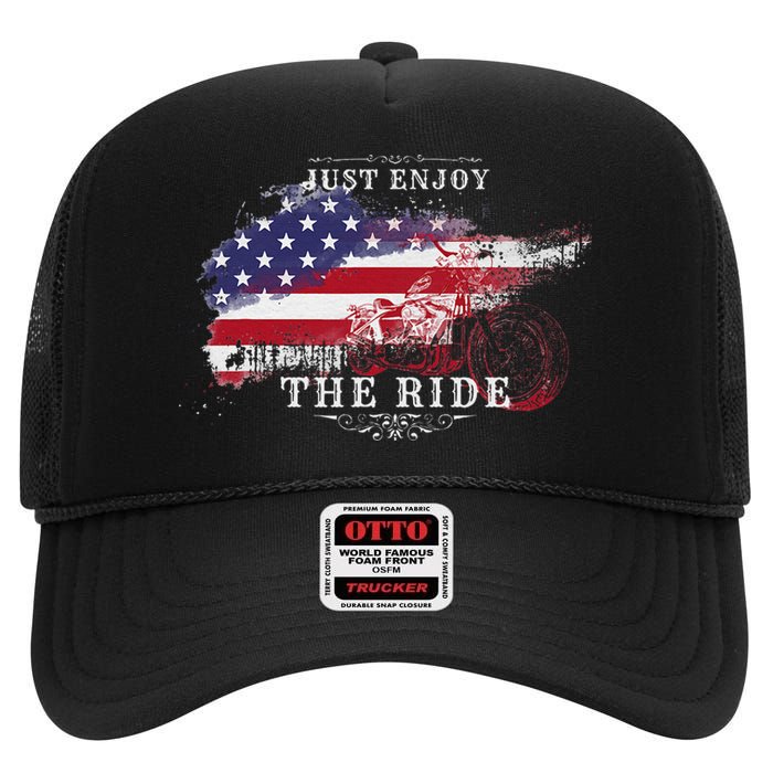 Just Enjoy The Ride Motorcycle Usa Flag Distressed High Crown Mesh Back Trucker Hat