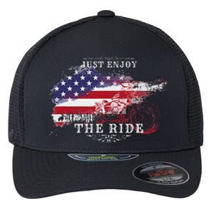 Just Enjoy The Ride Motorcycle Usa Flag Distressed Flexfit Unipanel Trucker Cap