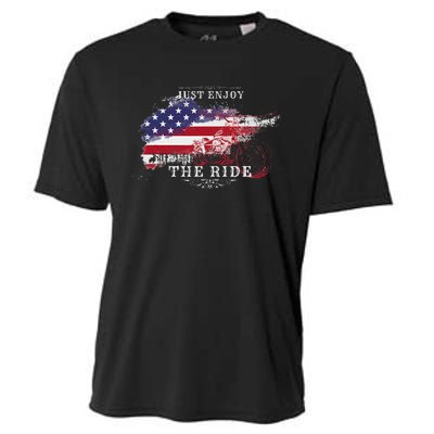 Just Enjoy The Ride Motorcycle Usa Flag Distressed Cooling Performance Crew T-Shirt