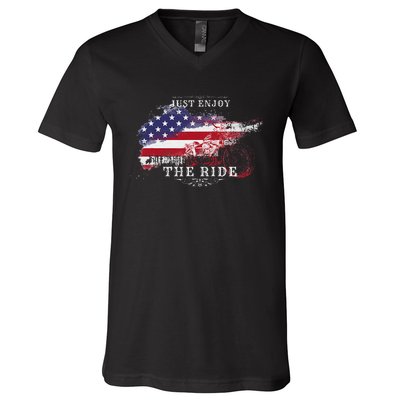 Just Enjoy The Ride Motorcycle Usa Flag Distressed V-Neck T-Shirt