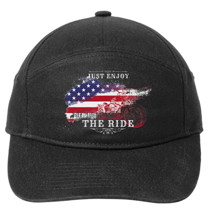 Just Enjoy The Ride Motorcycle Usa Flag Distressed 7-Panel Snapback Hat