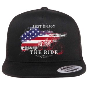 Just Enjoy The Ride Motorcycle Usa Flag Distressed Flat Bill Trucker Hat