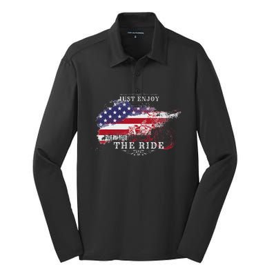 Just Enjoy The Ride Motorcycle Usa Flag Distressed Silk Touch Performance Long Sleeve Polo