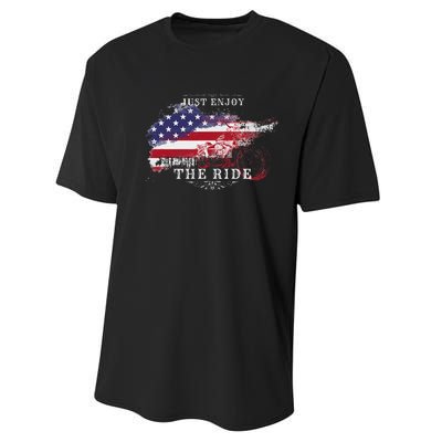 Just Enjoy The Ride Motorcycle Usa Flag Distressed Performance Sprint T-Shirt