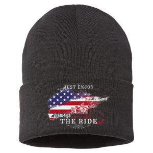 Just Enjoy The Ride Motorcycle Usa Flag Distressed Sustainable Knit Beanie