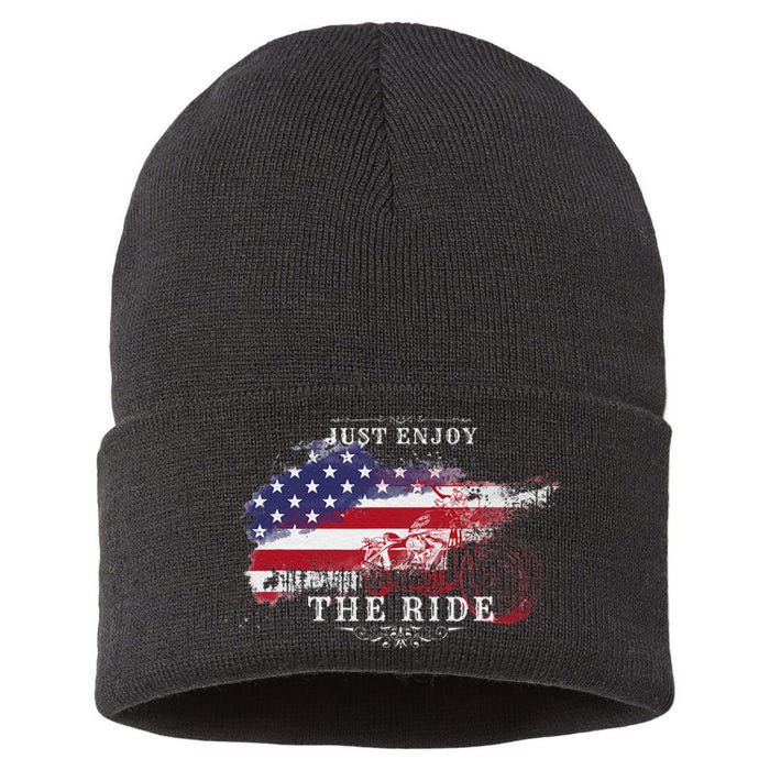 Just Enjoy The Ride Motorcycle Usa Flag Distressed Sustainable Knit Beanie