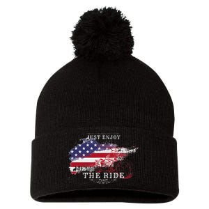 Just Enjoy The Ride Motorcycle Usa Flag Distressed Pom Pom 12in Knit Beanie