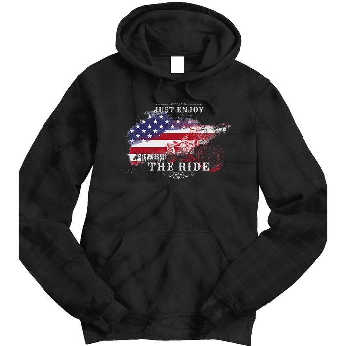 Just Enjoy The Ride Motorcycle Usa Flag Distressed Tie Dye Hoodie