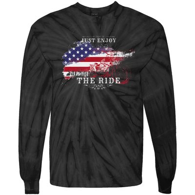 Just Enjoy The Ride Motorcycle Usa Flag Distressed Tie-Dye Long Sleeve Shirt