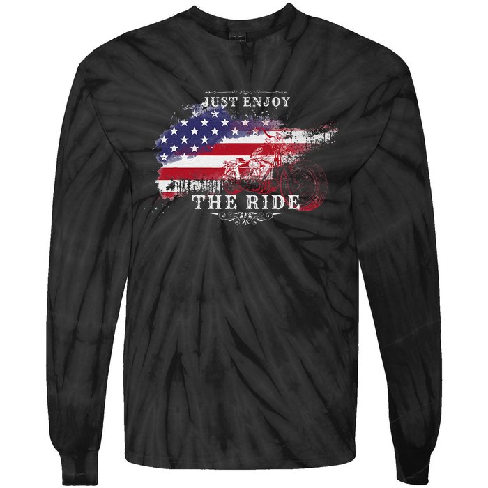 Just Enjoy The Ride Motorcycle Usa Flag Distressed Tie-Dye Long Sleeve Shirt