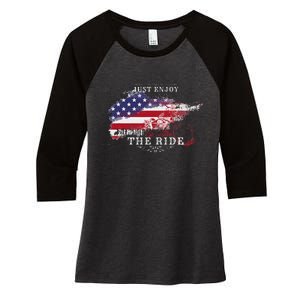 Just Enjoy The Ride Motorcycle Usa Flag Distressed Women's Tri-Blend 3/4-Sleeve Raglan Shirt