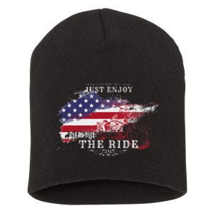 Just Enjoy The Ride Motorcycle Usa Flag Distressed Short Acrylic Beanie