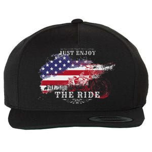 Just Enjoy The Ride Motorcycle Usa Flag Distressed Wool Snapback Cap