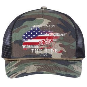 Just Enjoy The Ride Motorcycle Usa Flag Distressed Retro Rope Trucker Hat Cap