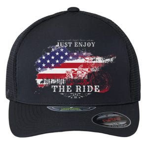 Just Enjoy The Ride Motorcycle Usa Flag Distressed Retro Flexfit Unipanel Trucker Cap