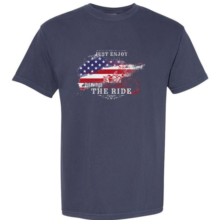 Just Enjoy The Ride Motorcycle Usa Flag Distressed Retro Garment-Dyed Heavyweight T-Shirt